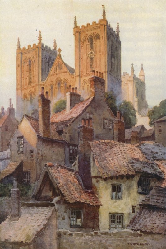 Ripon: Minsteren fra gamlebyen (farge litho) av Ernest William Haslehust