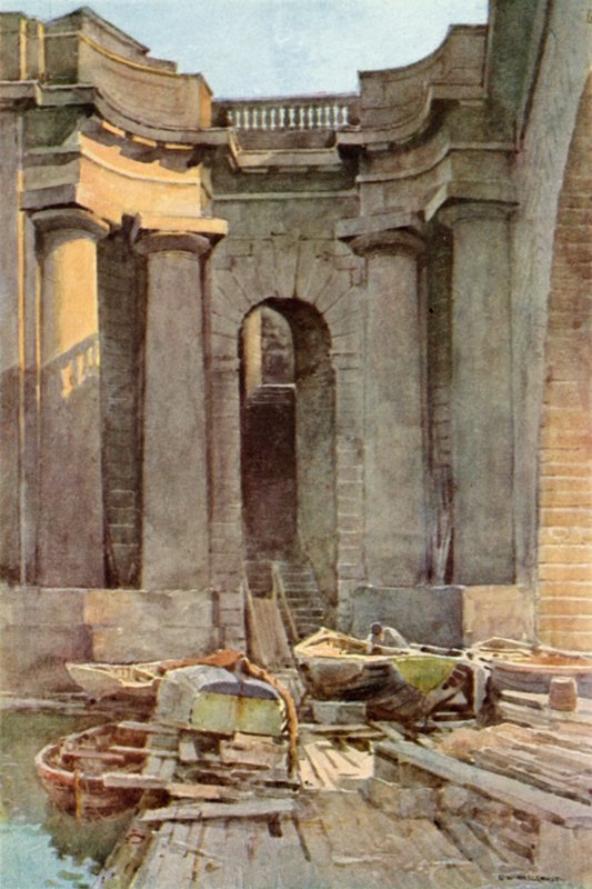 River Steps, Waterloo Bridge (farge litho) av Ernest William Haslehust