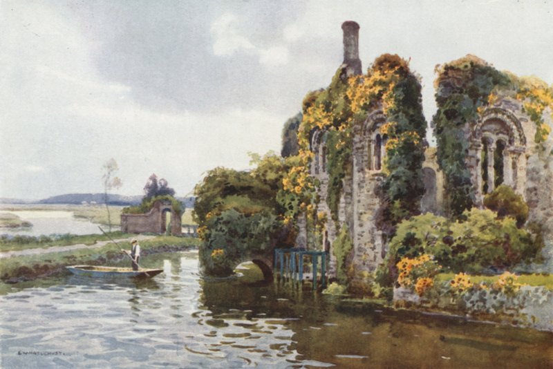 Ruinene av Norman House, Christchurch (farge litho) av Ernest William Haslehust