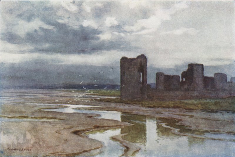 Sands of Dee, Flint Castle (farge litho) av Ernest William Haslehust