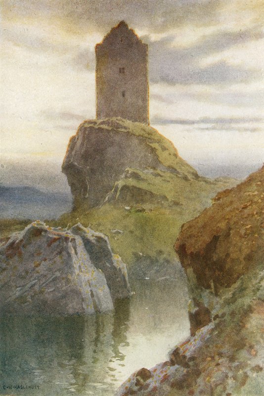 Smailholm Tower (farge litho) av Ernest William Haslehust