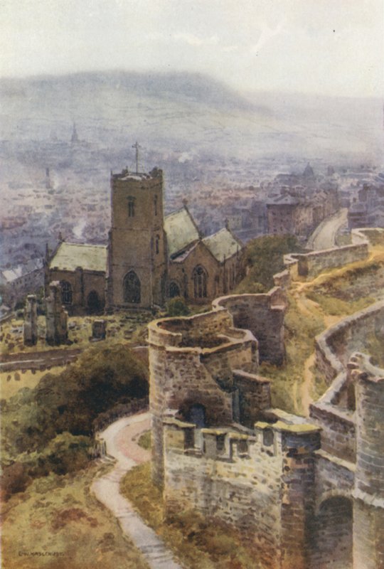 Mariakirken fra slottsmurene (farge litho) av Ernest William Haslehust