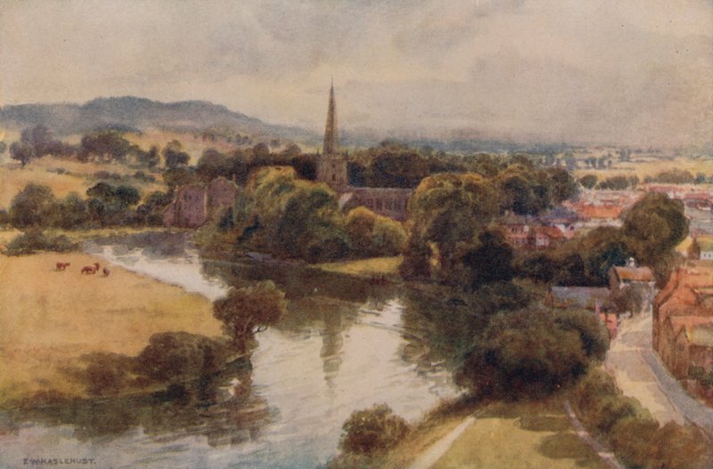 Stratford-on-Avon fra Memorial Theatre (farge litho) av Ernest William Haslehust