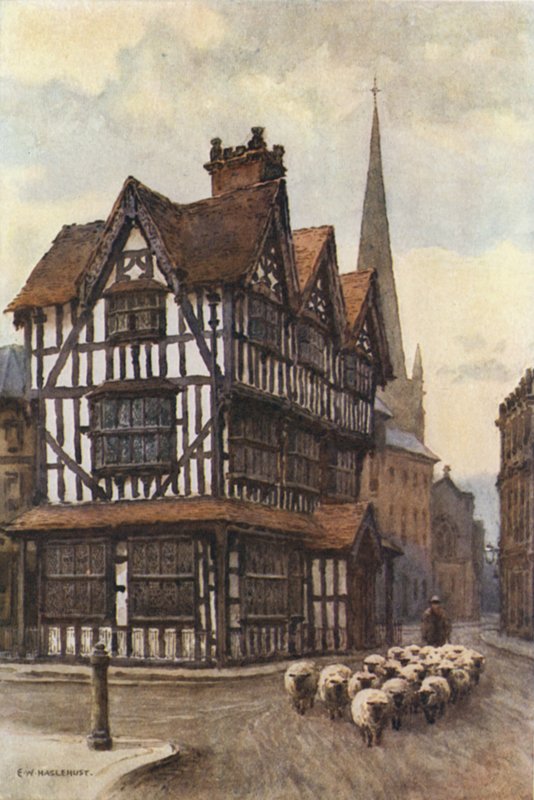 Det svart-hvite huset, High Town (farge litho) av Ernest William Haslehust