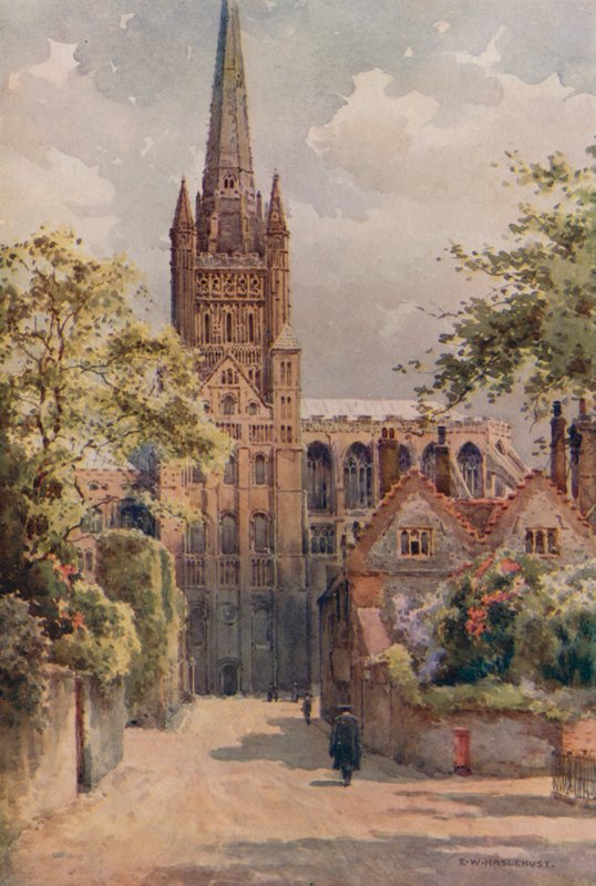 The Cathedral Precincts, Norwich (farge litho) av Ernest William Haslehust