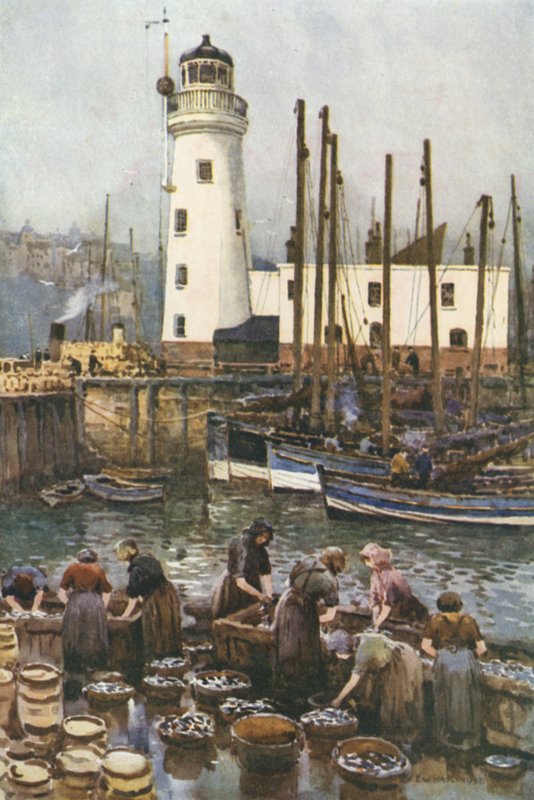 Havnen under sildesesongen (farge litho) av Ernest William Haslehust