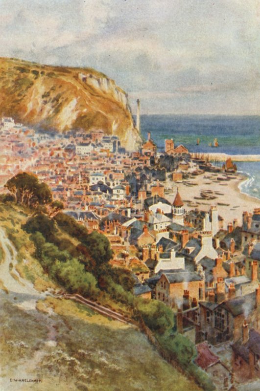 Gamlebyen, Hastings (farge litho) av Ernest William Haslehust