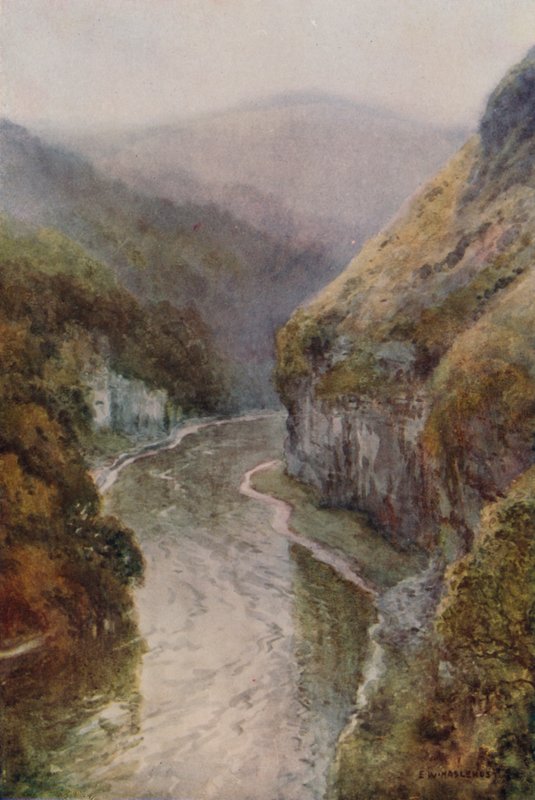 The Wye nær Cressbrook Dale (farge litho) av Ernest William Haslehust