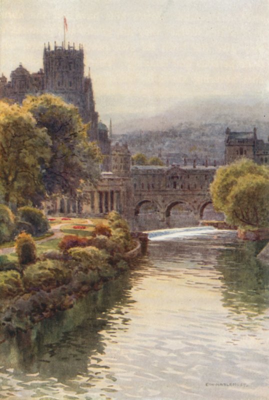 Utsikt fra North Parade Bridge, Bath (farge litho) av Ernest William Haslehust