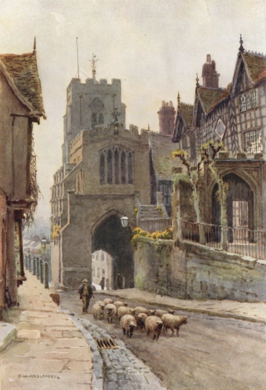 West Gate, Warwick (farge litho) av Ernest William Haslehust
