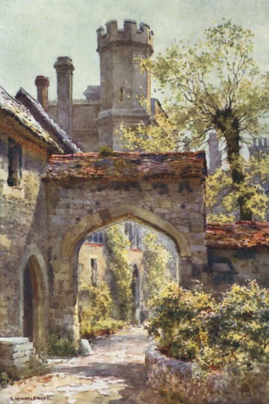 Winchester College: The Outer Gateway fra "Arcadia" (farge litho) av Ernest William Haslehust
