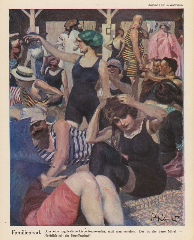 Strandscene (fargelitho) av Ernst (after) Heilemann