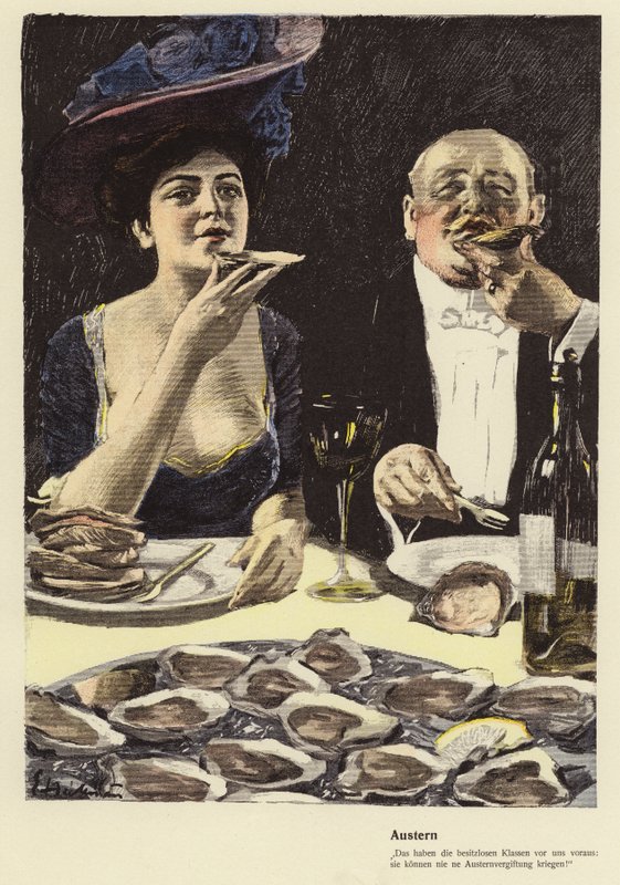 Spise østers på en restaurant (farge litho) av Ernst (after) Heilemann