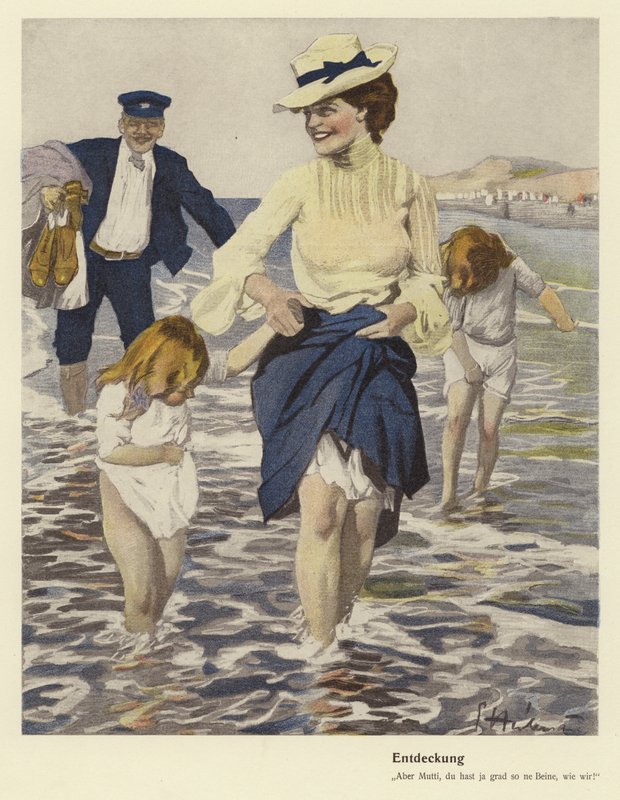 Familie ved sjøen (farge litho) av Ernst (after) Heilemann