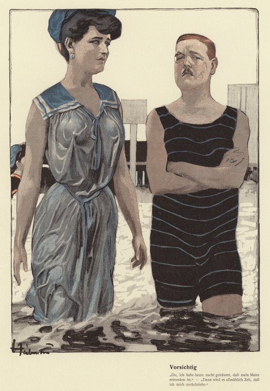 Mannen og hans gifte elskerinne bader (farge litho) av Ernst (after) Heilemann