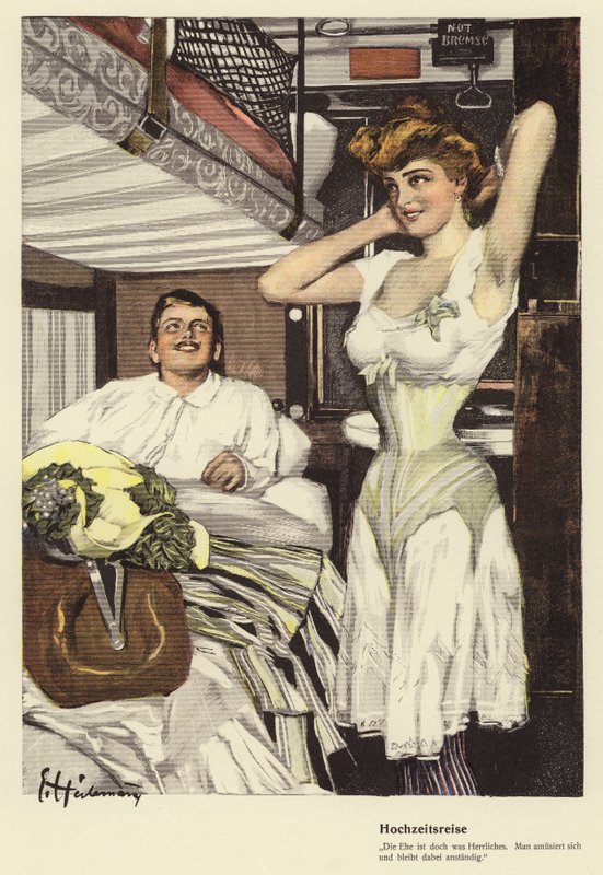 Ektepar drar på bryllupsreise med et sovende tog (farge litho) av Ernst (after) Heilemann