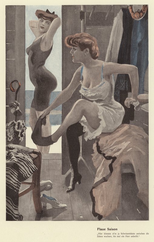 To kvinner i garderoben ved et svømmebad (farge litho) av Ernst (after) Heilemann