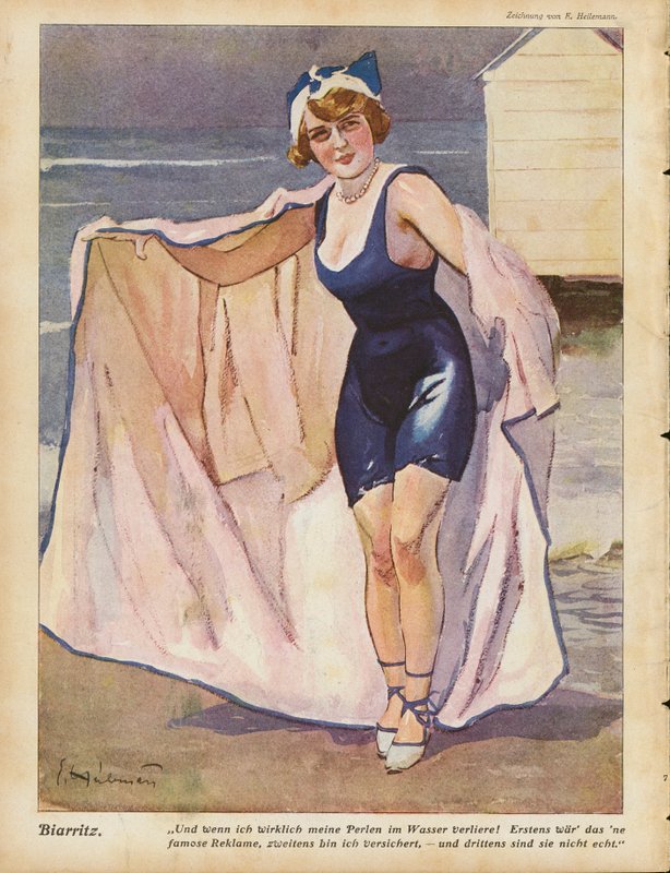 Kvinne på stranden ved Biarritz (farge litho) av Ernst (after) Heilemann