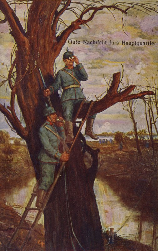 Gode nyheter for hovedkvarteret, tyske soldater som observerer slagmarken og rapporterer til hovedkvarteret via en felttelefon, første verdenskrig, 1915 av Ernst Heilemann