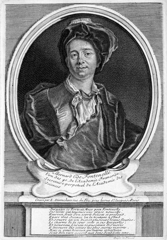 Bernard Le Bovier de Fontenelle , fransk forfatter (gravering) av Etienne Jehandier (after) Desrochers