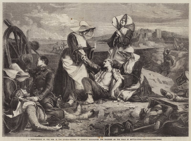 En reminiscens av krigen på Krim, Sisters of Charity som hjelper de sårede på slagmarken av Eugene Appert