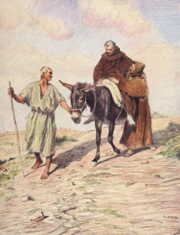 St Francis går ned Mount la Verna med broder Leo etter innprentingen av de hellige stigmaene (farge litho) av Eugene (after) Burnand