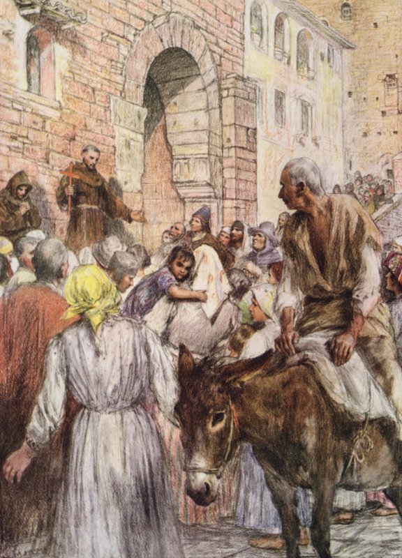 St Francis forkynner i Bologna (farge litho) av Eugene (after) Burnand