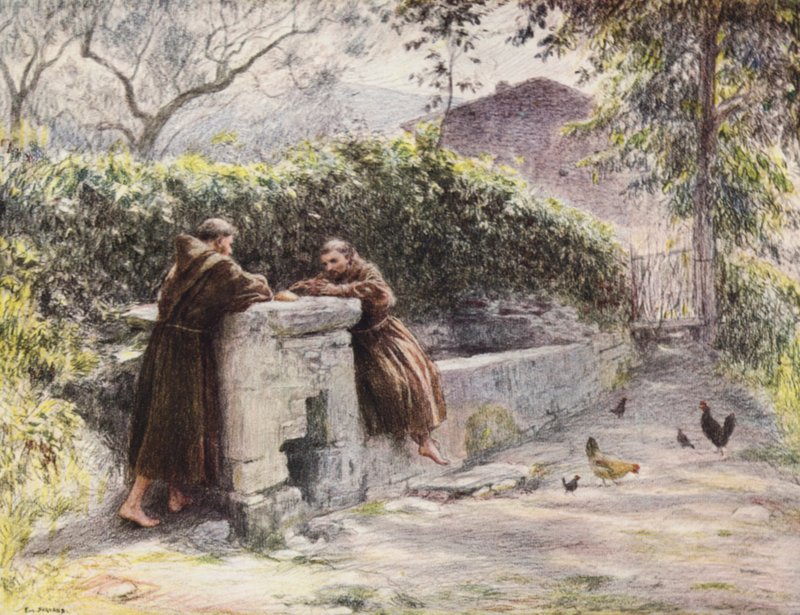 The Reast of St Francis and Friar Masseo ved fontenen, St Francis Praises Poverty (farge litho) av Eugene (after) Burnand
