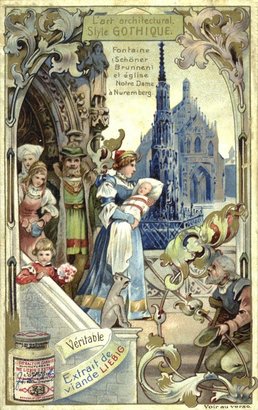 Gotisk arkitektur; Schoener Brunnen-fontenen og Frauenkirche, Nürnberg (chromolitho) av European School