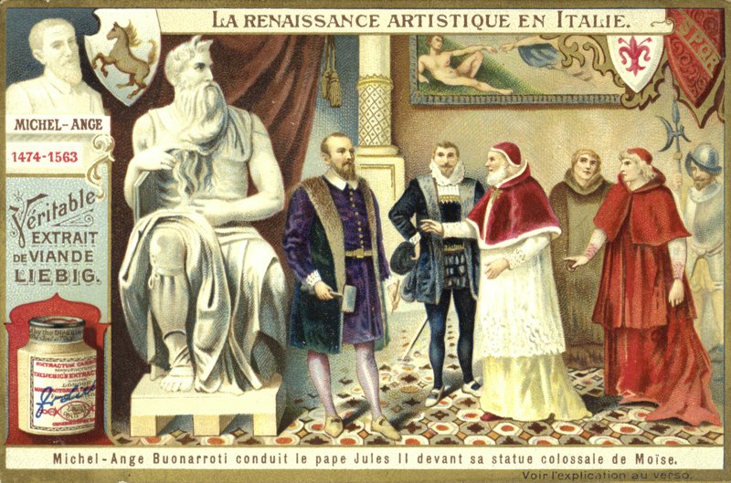 Michelangelo viser pave Julius II sin kolossale statue av Moses av European School