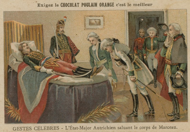Offiserer for den østerrikske staben som hilser kroppen til general Marceau etter hans død i Altenkirchen, Tyskland, 1796 av European School