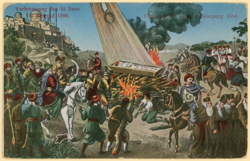 Osmanske tyrkere brenner restene av St Sava som straff for et opprør fra serberne, Beograd, 1596 av European School