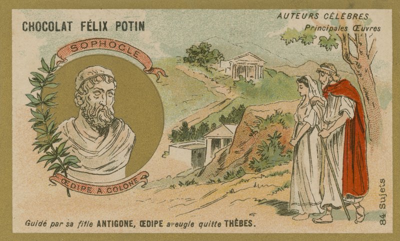 Sofokles, gresk dramatiker, og en scene fra hans skuespill Oedipus at Colonus av European School