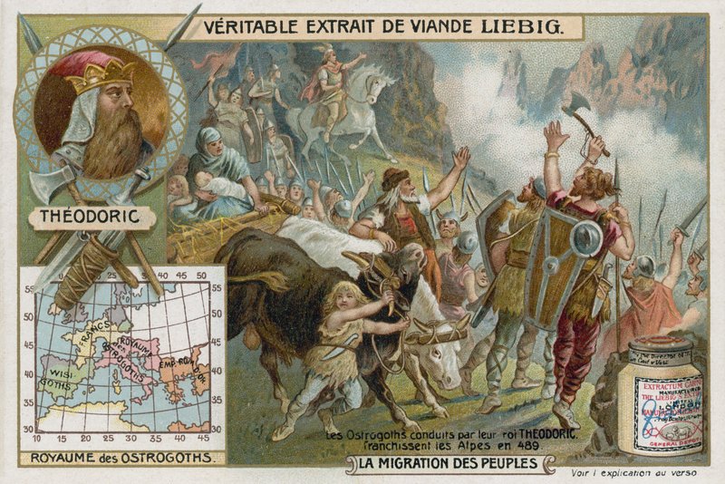 Østgoterne, ledet av deres kong Theodoric, krysset Alpene, 489 av European School