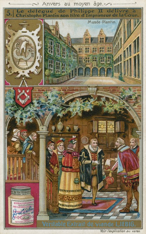 Representanten for Filip II av Spania presenterer Christophe Plantin med tittelen hofftrykker av European School