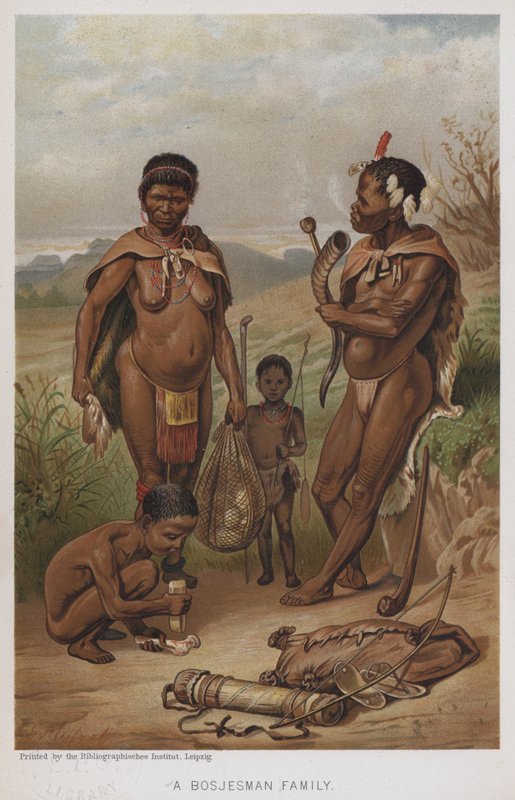 En Bosjesman-familie (chromolitho) av European School