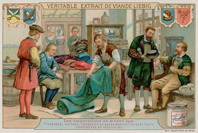 En vever, skredder, hattemaker og flettemaker gir ordrene sine til en farger av European School