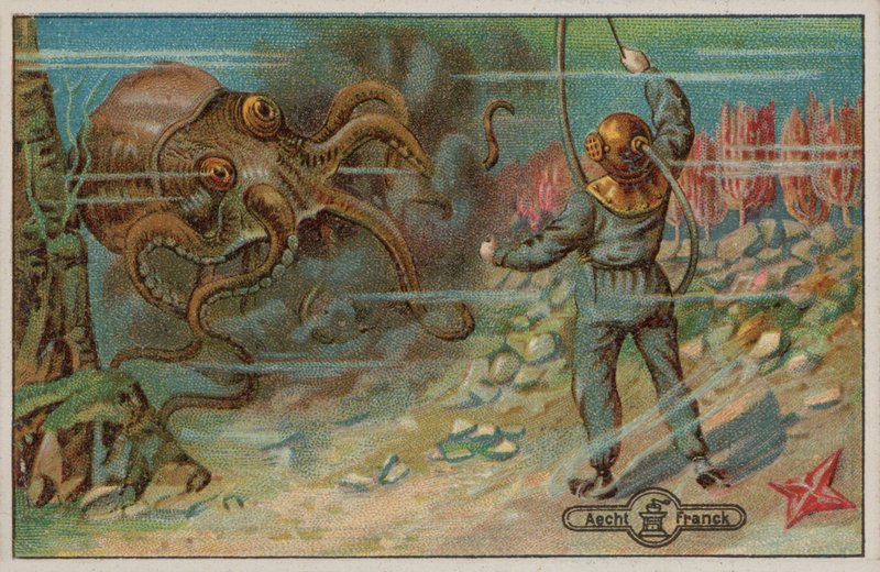 En dykker truet av en blekksprut (chromolitho) av European School