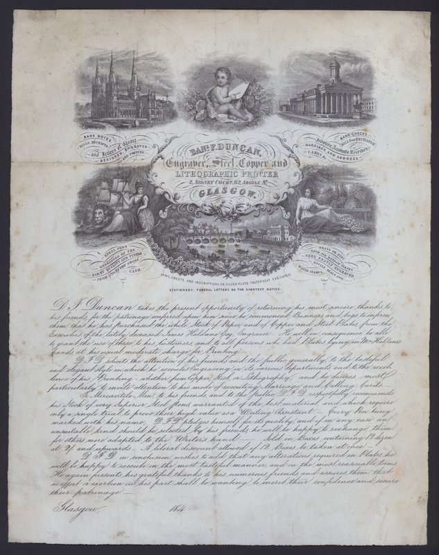 Annonse for gravør og litografisk trykker, Daniel F Duncan fra Glasgow (litho) av European School