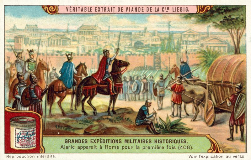 Alarik, vestgoternes konge, ankommer portene til Roma for første gang, 408 (chromolitho) av European School