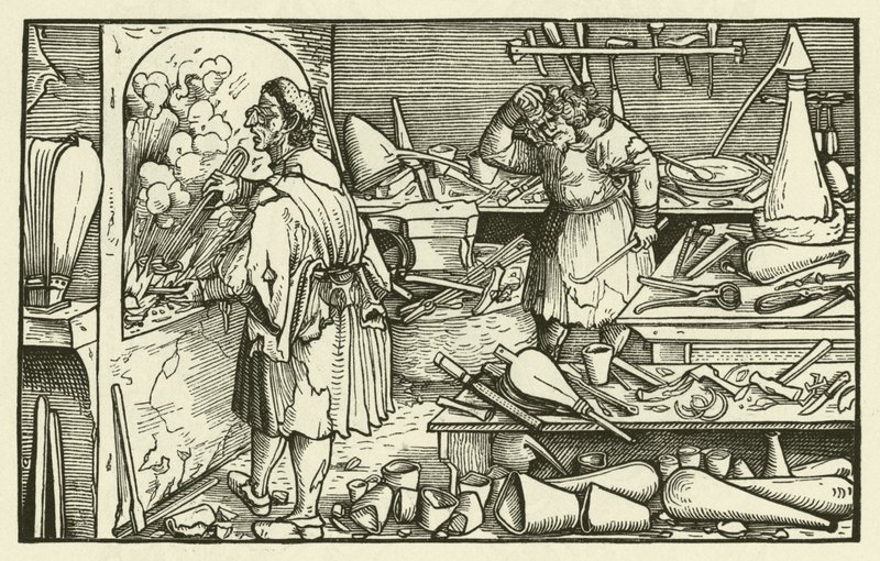 Alkymistens laboratorium på 1500-tallet (tresnitt) av European School
