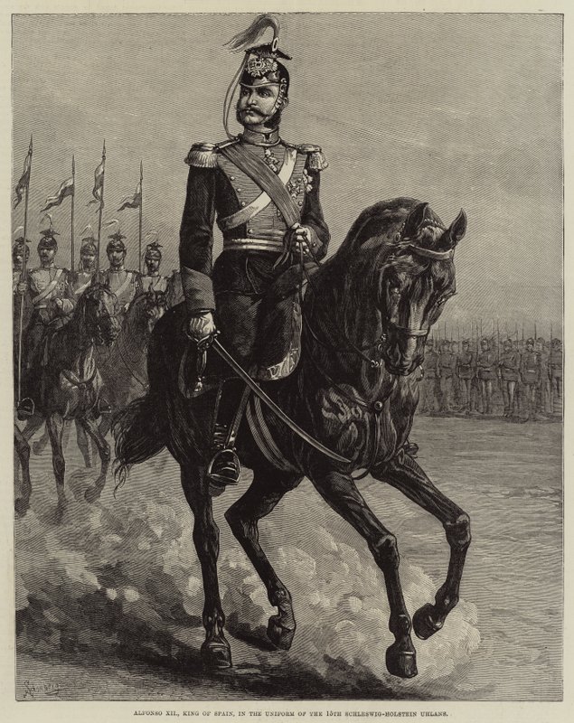 Alfonso XII, konge av Spania, i uniformen til de 15. Schleswig-Holstein Uhlans (gravering) av European School