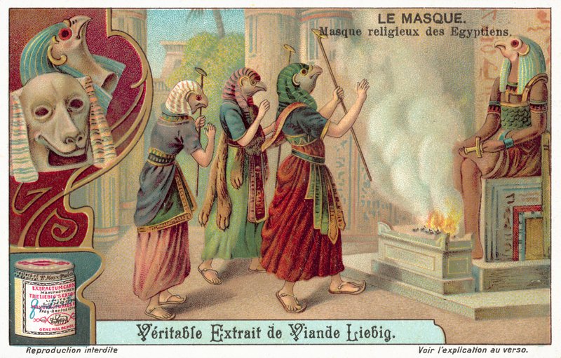 Gamle egyptiske religiøse masker (chromolitho) av European School