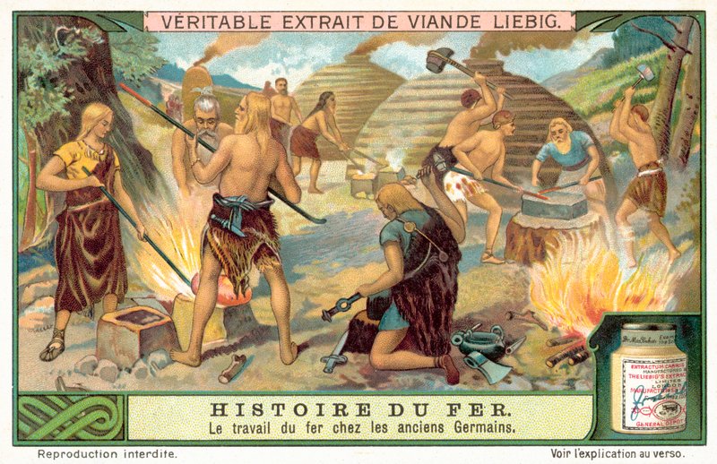 Gammel germansk stamme som lager jernvåpen (chromolitho) av European School
