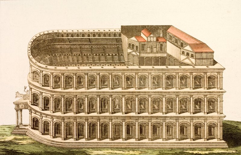Ancient Roman Theatre of Marcellus, bygget på slutten av det første århundre f.Kr. (farget gravering) av European School