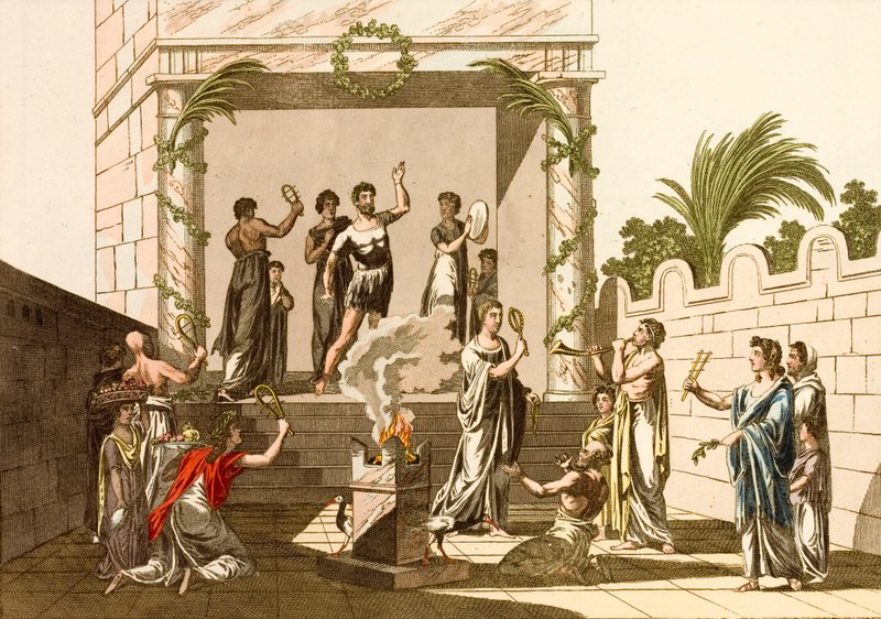 Gamle romere som utfører ritene til Isis, Pompeii (farget gravering) av European School