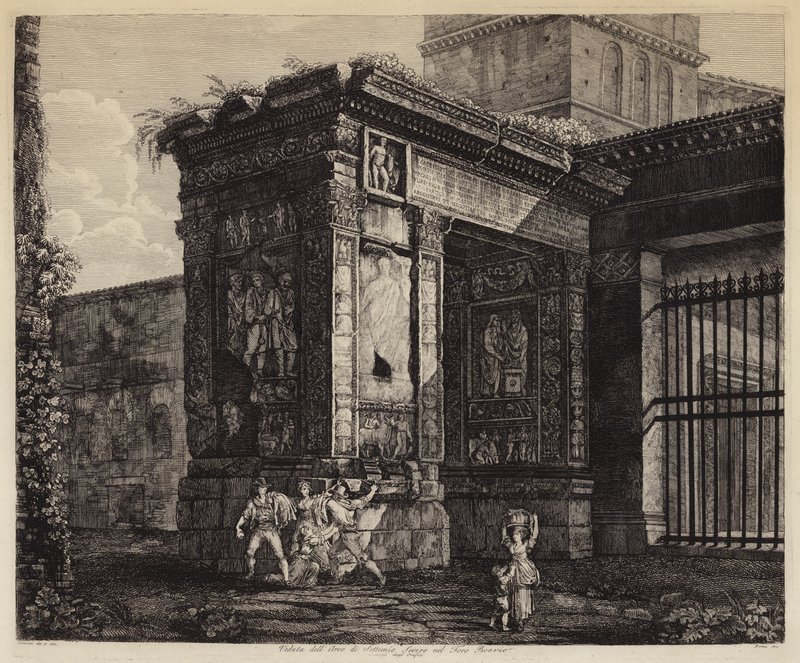 Arch of Septimius Severus og Forum Boarium, Roma, Italia (gravering) av European School