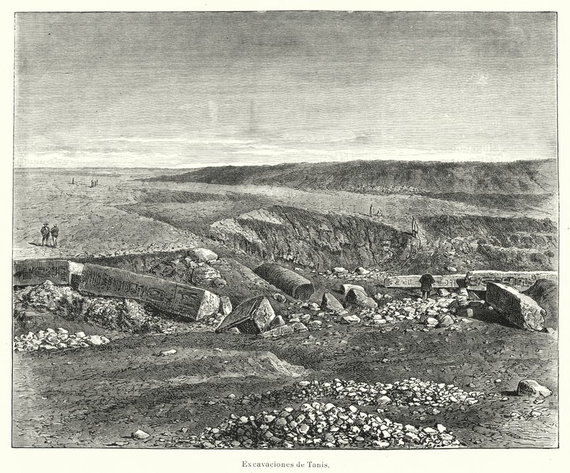 Arkeologiske utgravninger av den gamle egyptiske byen Tanis (litho) av European School