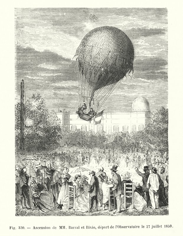 Ascension av MM Barral og Bixio, avgang fra observatoriet 27. juli 1850 (gravering) av European School
