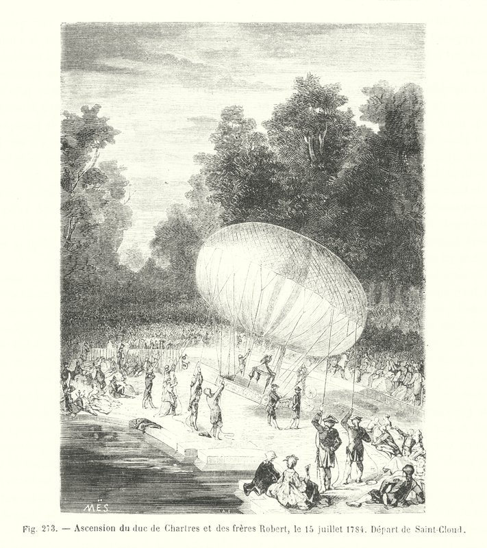 Himmelfart av hertugen av Chartres og Robert-brødrene, 15. juli 1784, Avreise fra Saint-Cloud (gravering) av European School